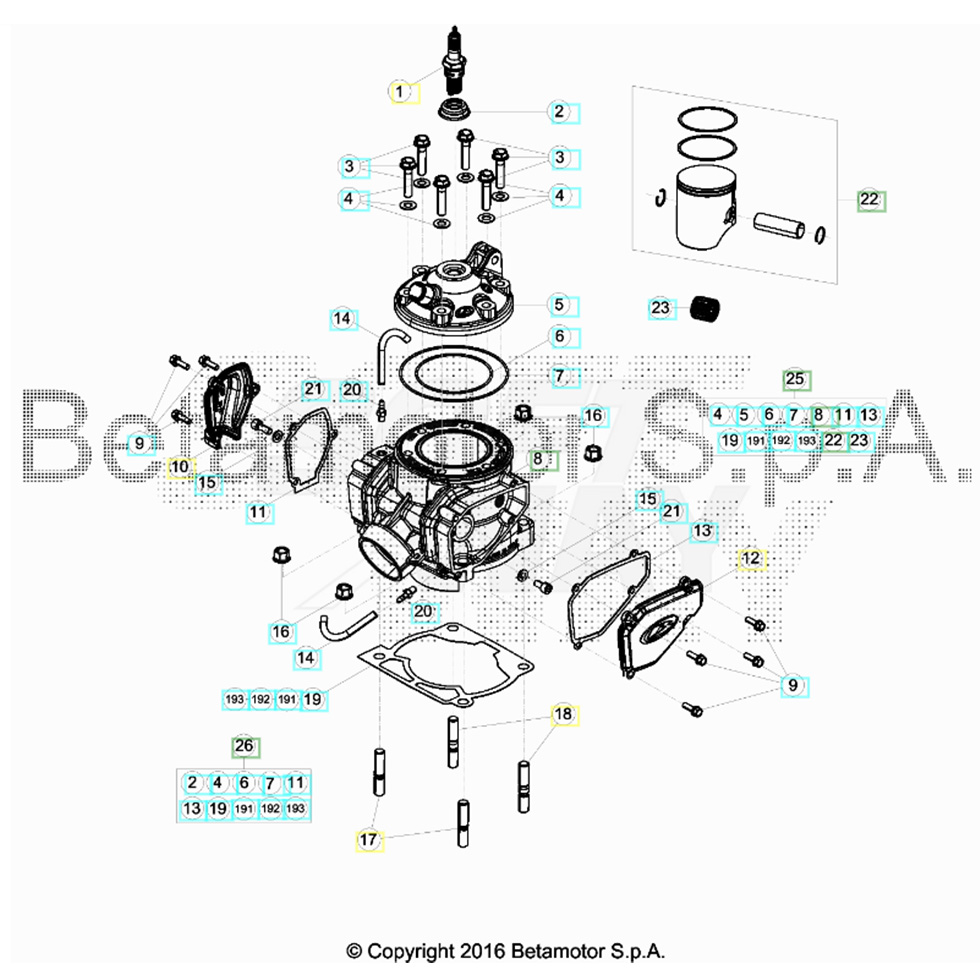 Beta RR300 2T Racing 16 Zylinder/Zylinderkopf/Ventiltrieb Ersatzteile Beta RR300 2T Racing 16 Zylinder/Zylinderkopf/Ventiltrieb Ersatzteile